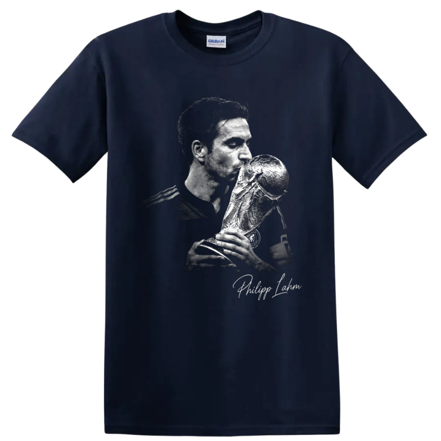Philipp Lahm monochrome portrait kissing the World Cup trophy with signature text on a Navy (Blue) T Shirt