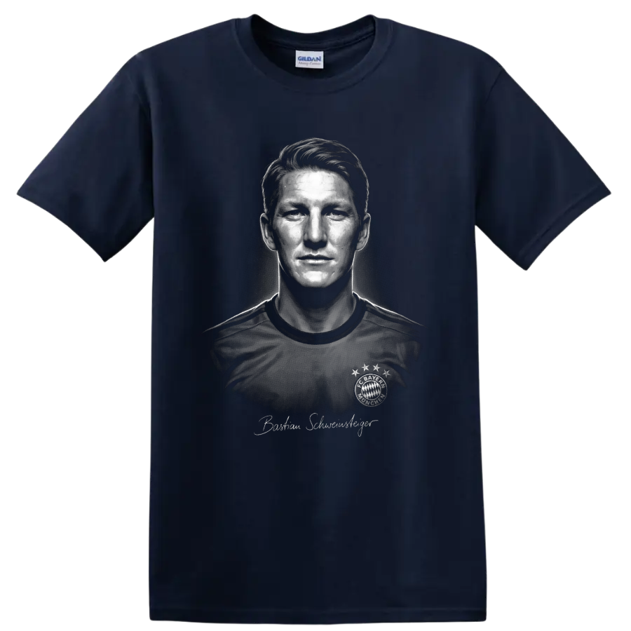 Bastian Schweinsteiger grayscale Bayern Munich soccer portrait with signature-style text on a Navy (Blue) T Shirt