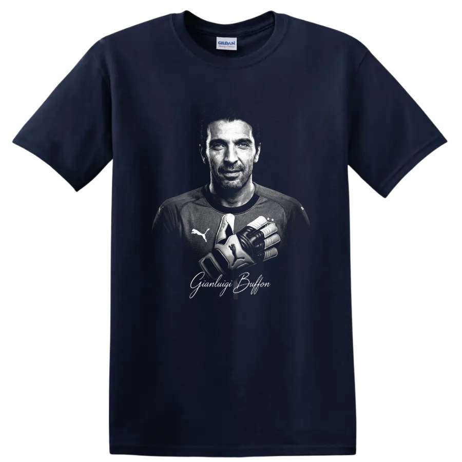 Gianluigi Buffon grayscale goalkeeper portrait with crossed gloves and signature lettering on a Navy (Blue) T Shirt