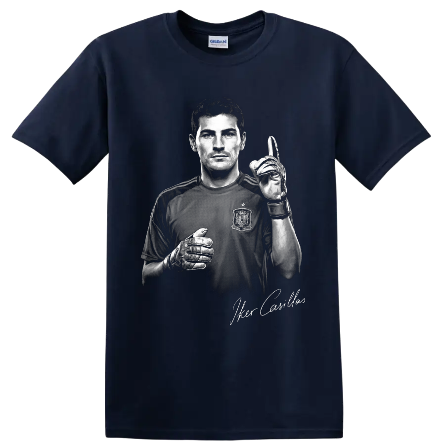 Iker Casillas grayscale goalkeeper portrait with gloves and signature-style lettering on a Navy (Blue) T Shirt