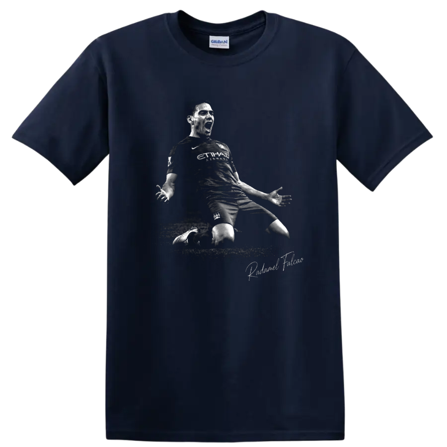 Radamel Falcao knee-slide soccer celebration in distressed black-and-white artwork on a Navy (Blue) T Shirt