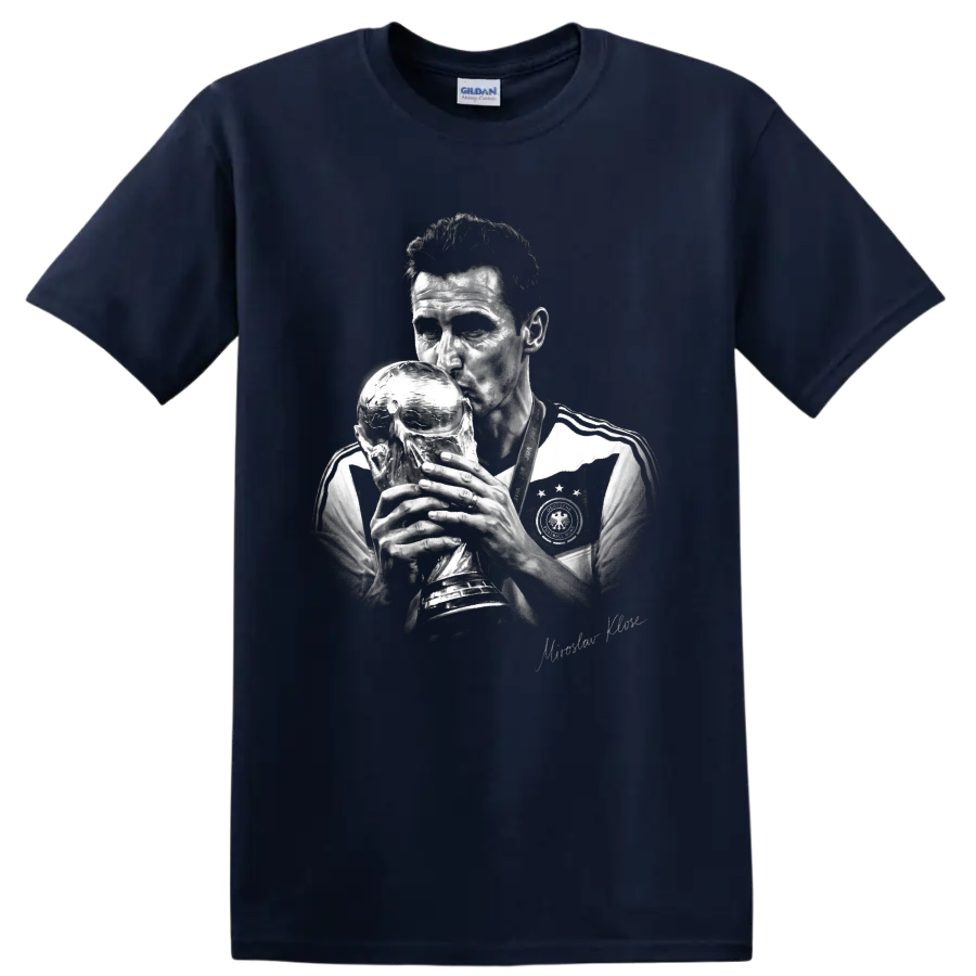 Miroslav Klose grayscale portrait kissing a trophy in a Germany soccer jersey on a Navy (Blue) T Shirt