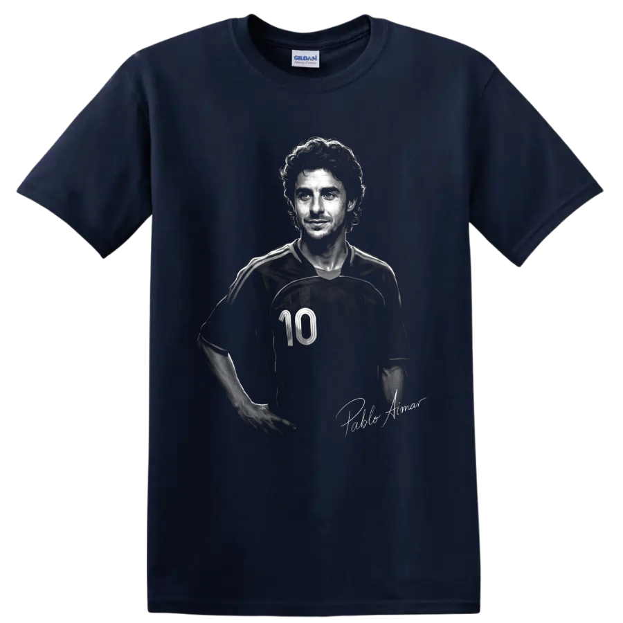 Pablo Aimar monochrome soccer portrait in number 10 jersey with signature-style text on a Navy (Blue) T Shirt
