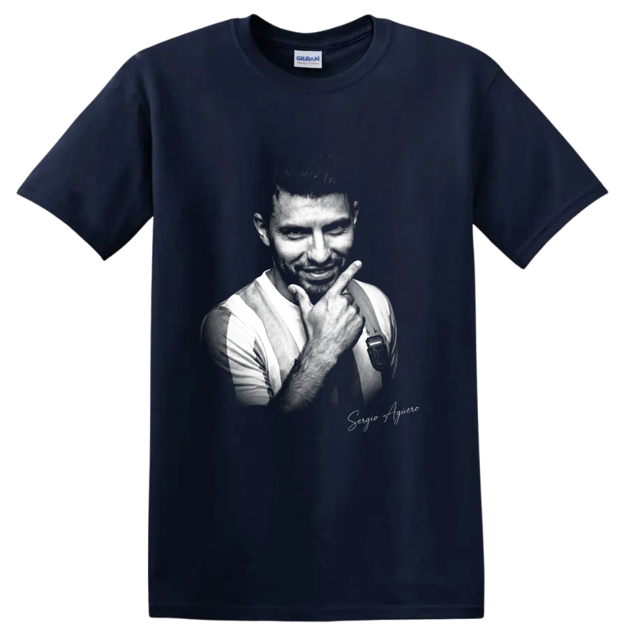 Sergio Agüero Argentina soccer portrait in vintage black-and-white graphic style on a Navy (Blue) T Shirt