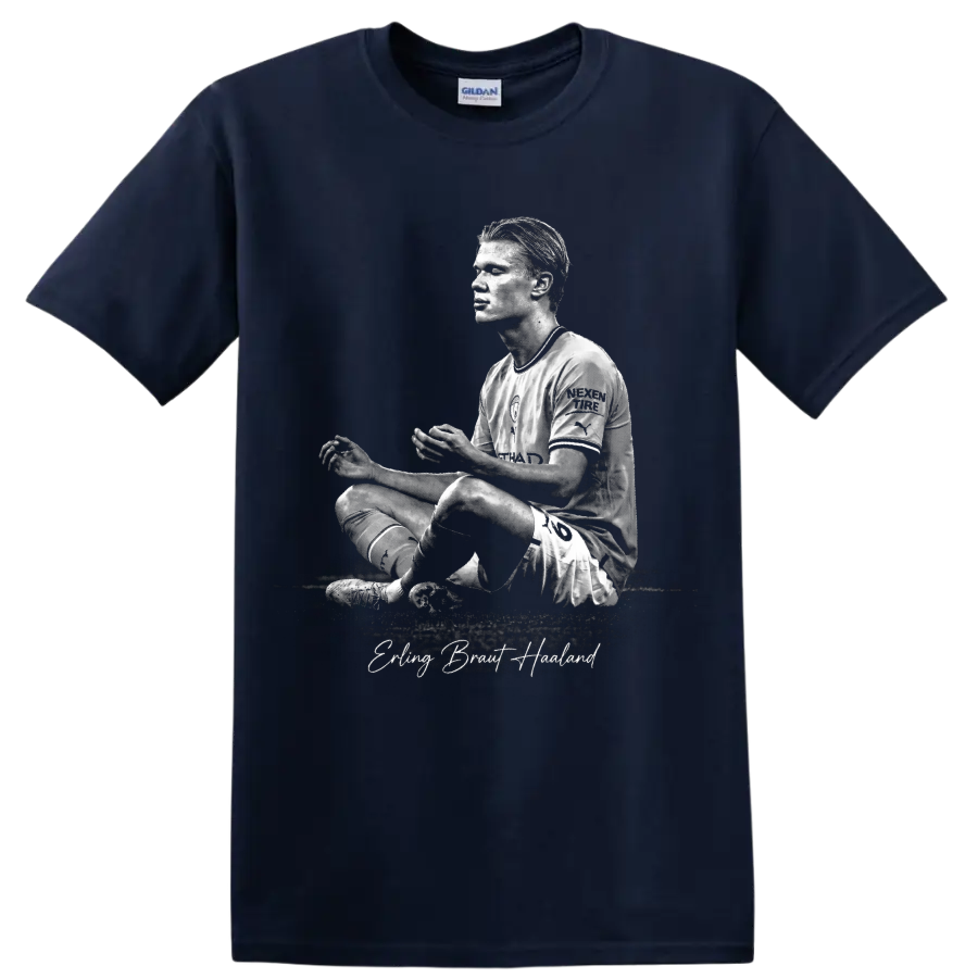 Erling Haaland grayscale seated soccer portrait with signature-style name text on a Navy (Blue) T Shirt