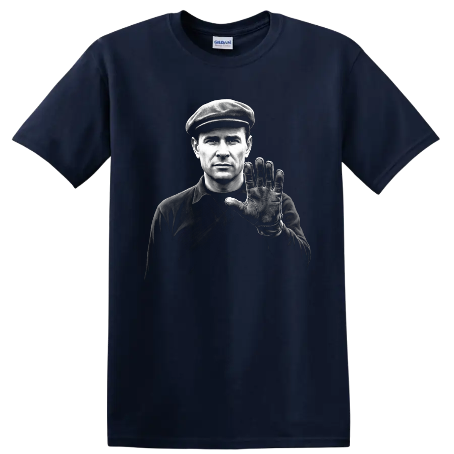 Lev Yashin monochrome goalkeeper portrait in cap with raised gloved hand on a Navy (Blue) T Shirt