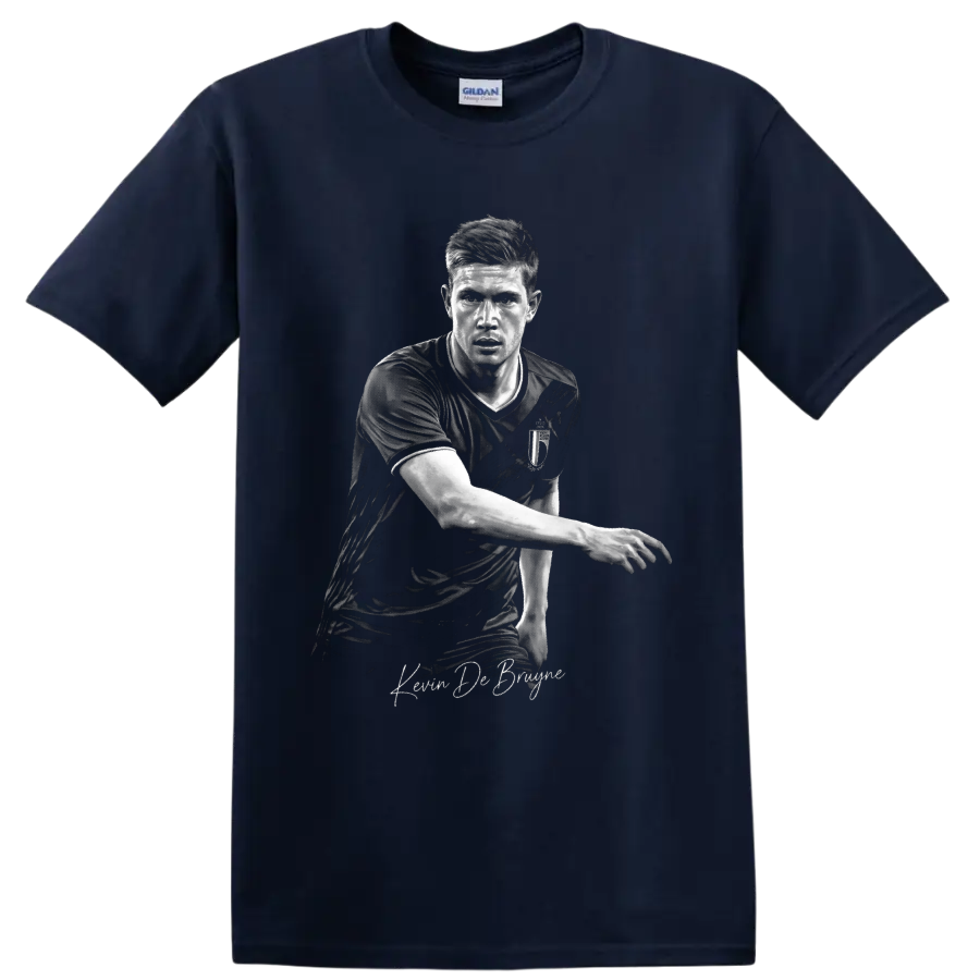Kevin De Bruyne monochrome Belgium soccer portrait with signature-style lettering on a Navy (Blue) T Shirt