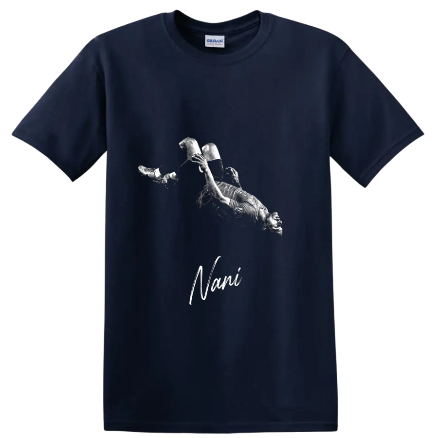 Nani performing a bicycle kick in distressed monochrome soccer artwork on a Navy (Blue) T Shirt