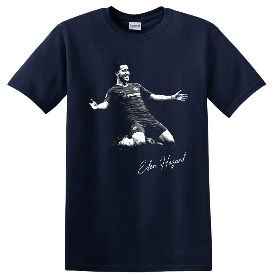 Eden Hazard knee-slide soccer celebration in distressed monochrome with signature detail on a Navy (Blue) T Shirt