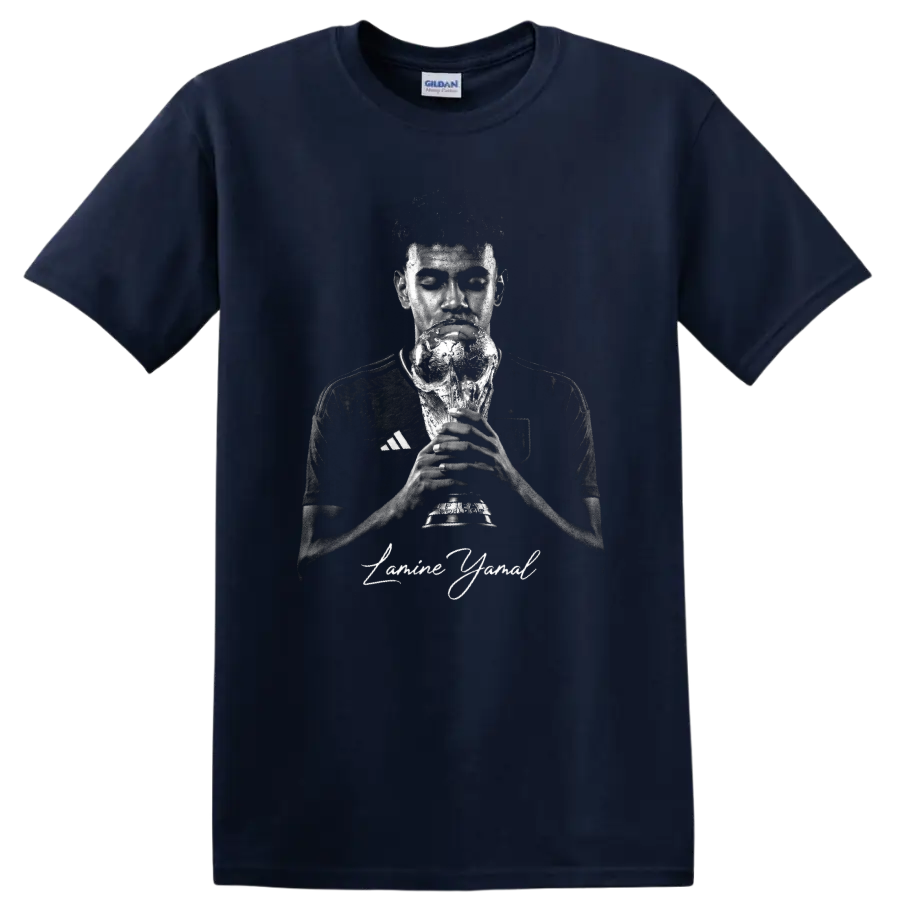 Lamine Yamal holding a championship trophy in distressed monochrome portrait art on a Navy (Blue) T Shirt
