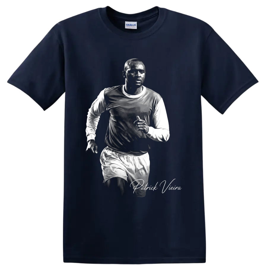 Patrick Vieira running soccer portrait in black-and-white with signature-style lettering on a Navy (Blue) T Shirt