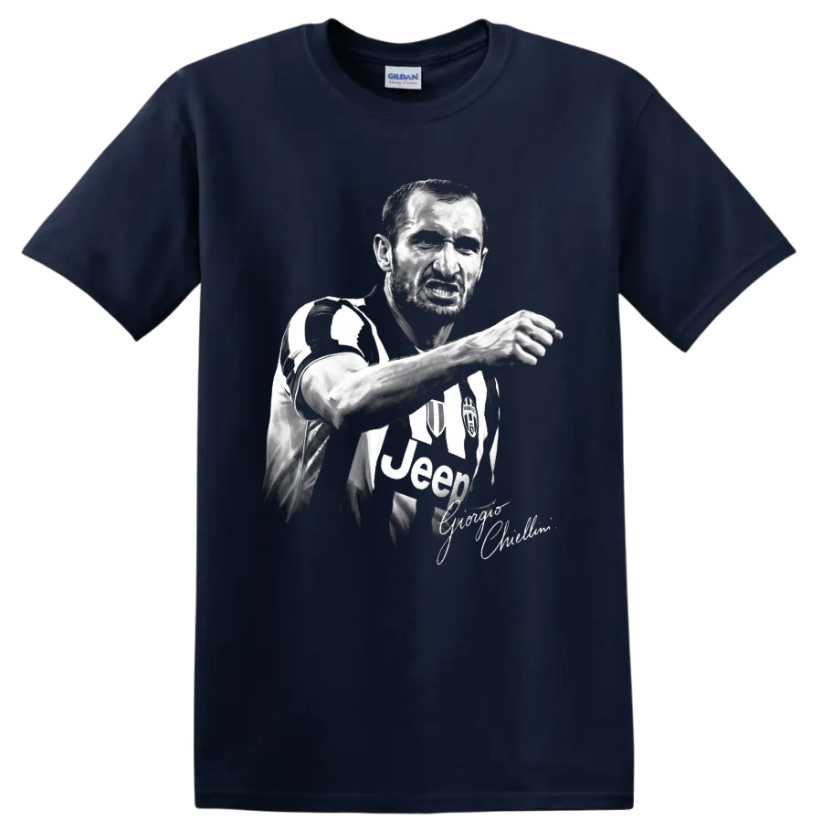 Giorgio Chiellini black-and-white Juventus defender portrait with signature-style script on a Navy (Blue) T Shirt