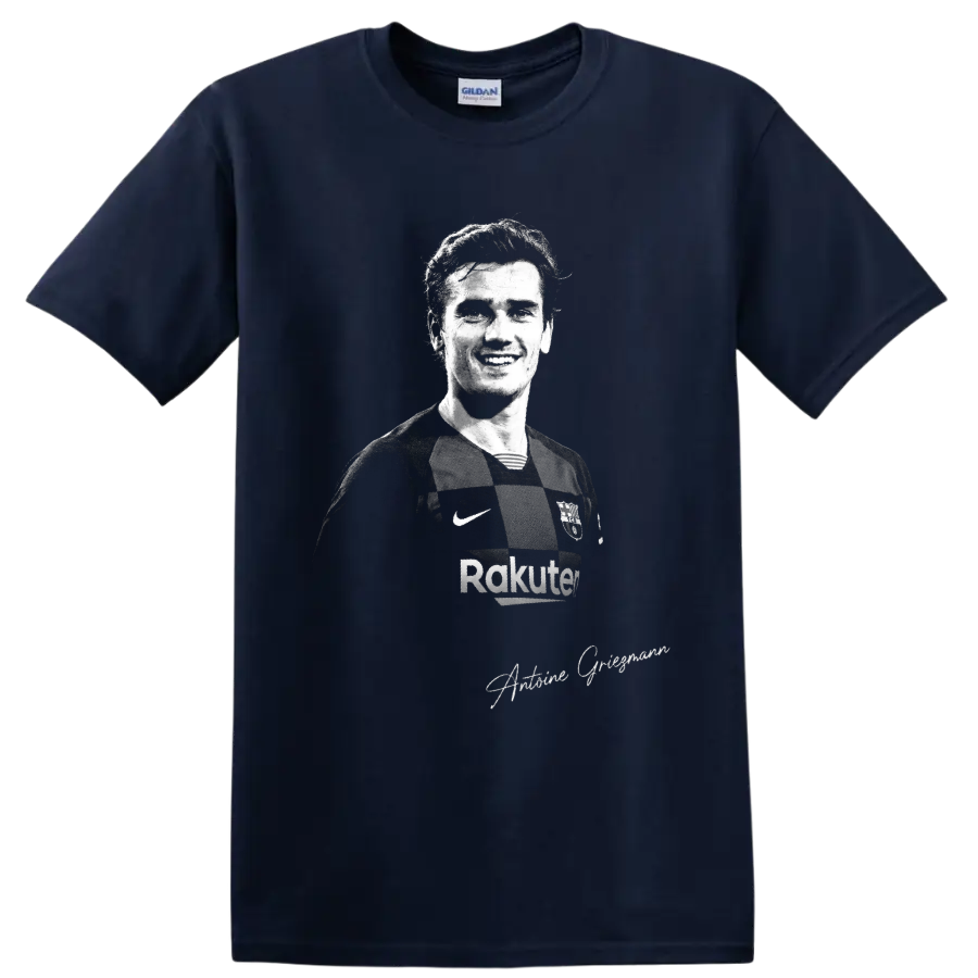 Antoine Griezmann monochrome soccer portrait in Barcelona jersey with signature script on a Navy (Blue) T Shirt