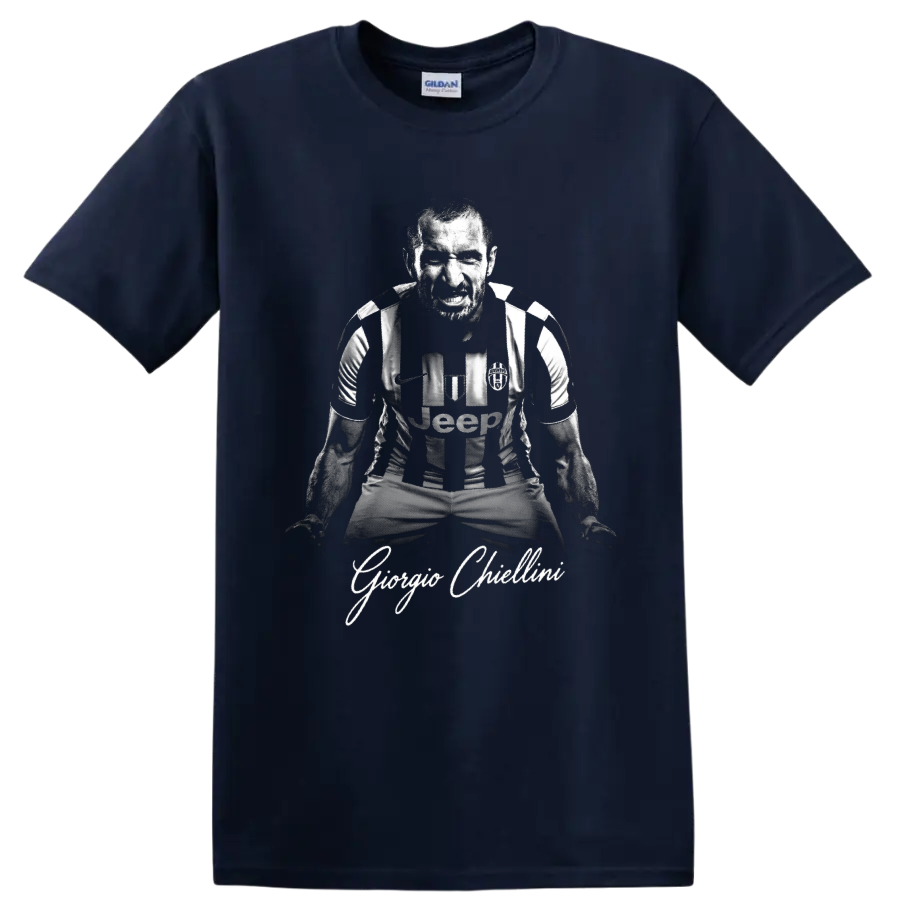 Giorgio Chiellini fierce monochrome Juventus defender portrait with signature-style text on a Navy (Blue) T Shirt