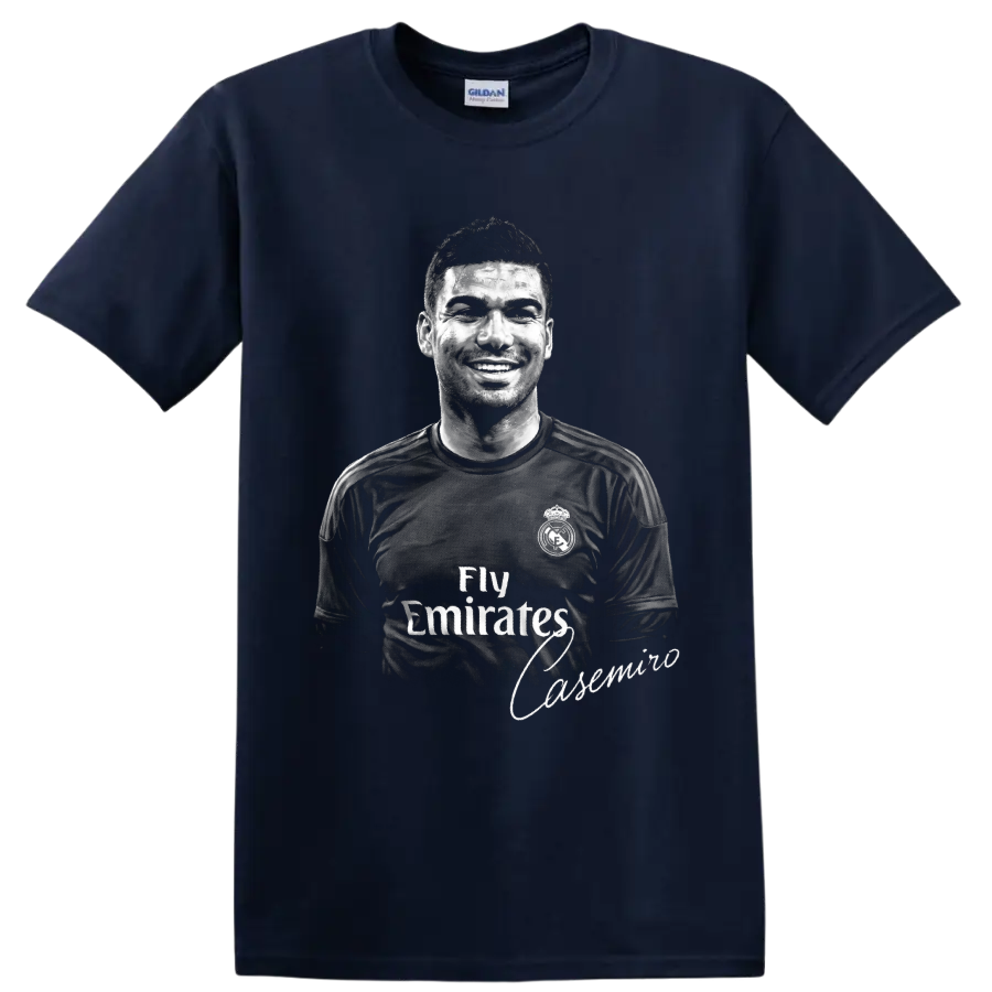 Monochrome Casemiro soccer player portrait with signature-style name accent on a Navy (Blue) T Shirt