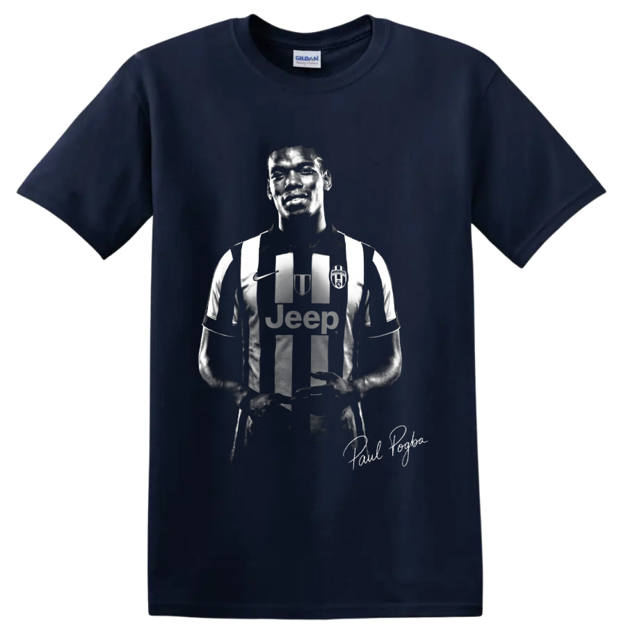 Paul Pogba Juventus striped jersey portrait in dramatic monochrome graphic style on a Navy (Blue) T Shirt