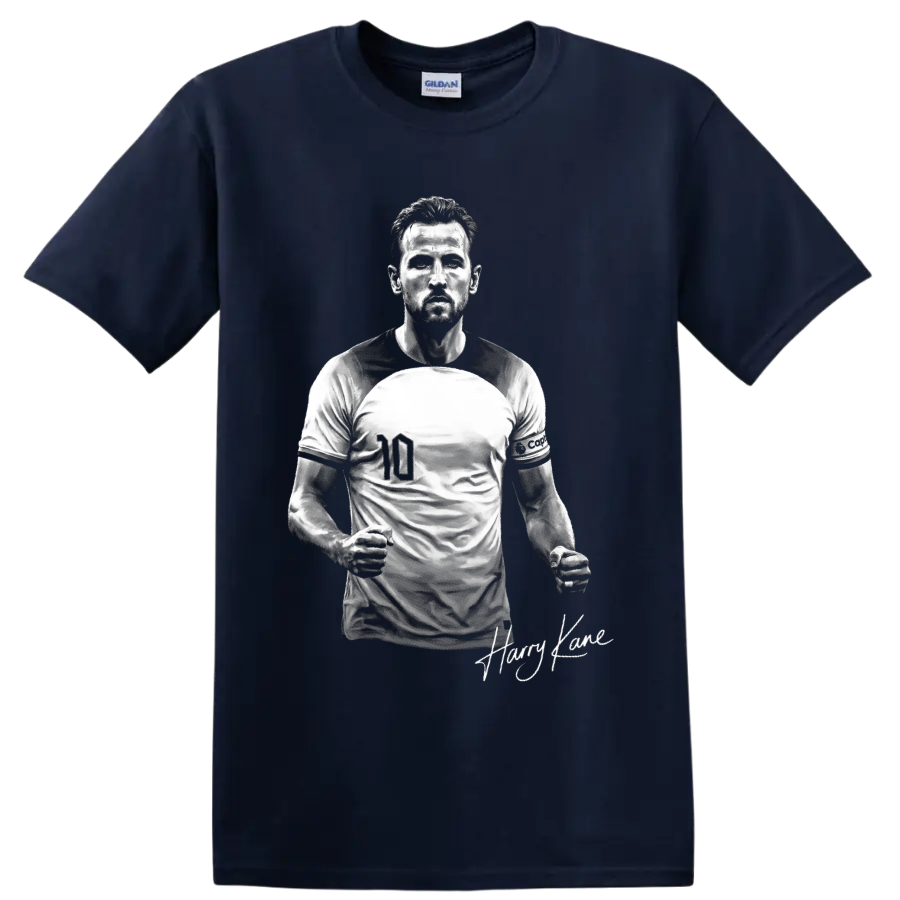 Harry Kane England soccer player portrait with number 10 jersey and signature detail on a Navy (Blue) T Shirt