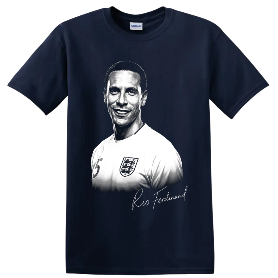 Rio Ferdinand England soccer number 5 portrait with signature-style lettering on a Navy (Blue) T Shirt