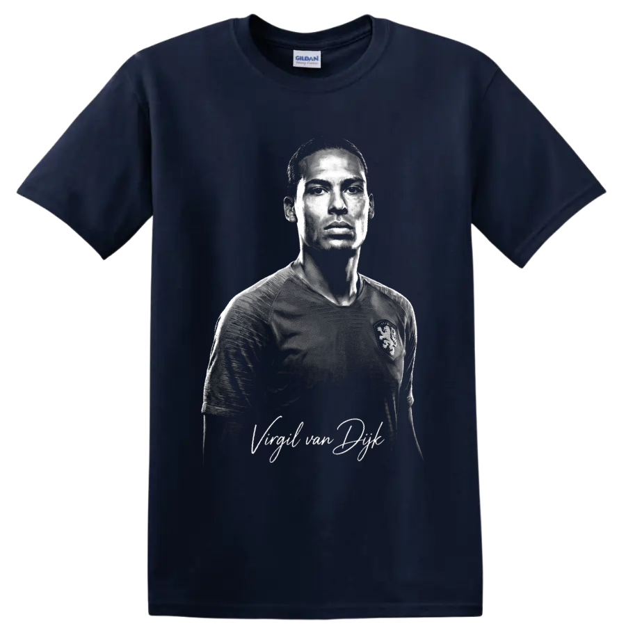 Monochrome illustrated portrait of Virgil van Dijk in a Netherlands soccer jersey on a Navy (Blue) T Shirt