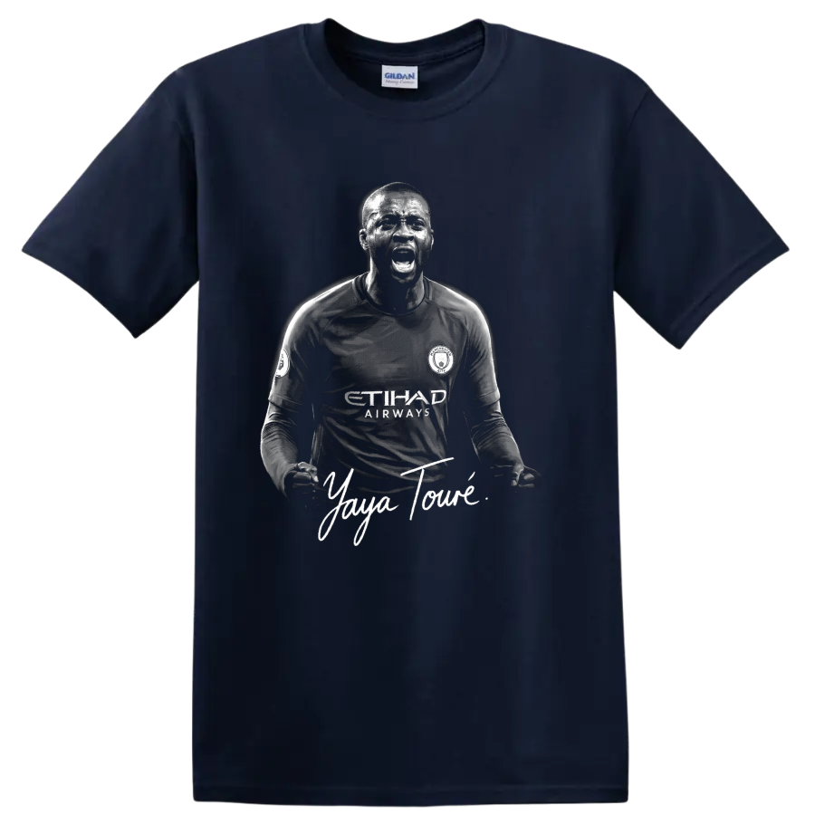 Yaya Touré Manchester City soccer portrait with signature-style lettering on a Navy (Blue) T Shirt