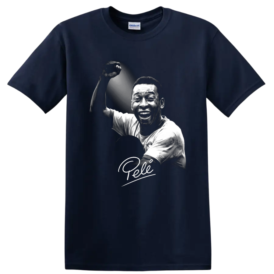 Pelé black-and-white soccer portrait with raised fist and signature-style script on a Navy (Blue) T Shirt