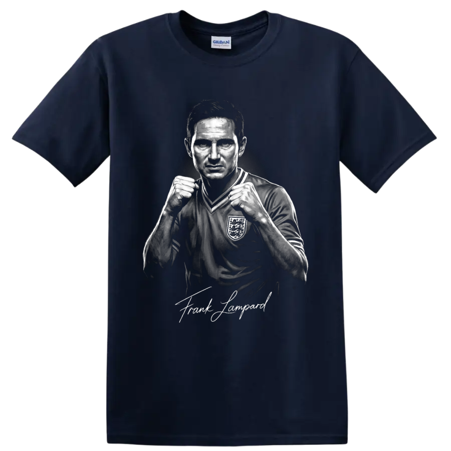 Frank Lampard England soccer portrait with raised fists and signature-style lettering on a Navy (Blue) T Shirt