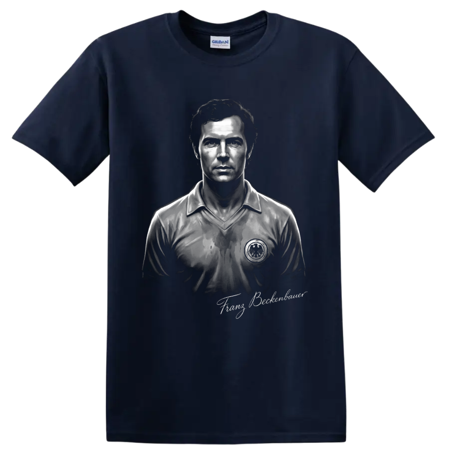 Monochrome Franz Beckenbauer soccer portrait with signature-style lettering on a Navy (Blue) T Shirt