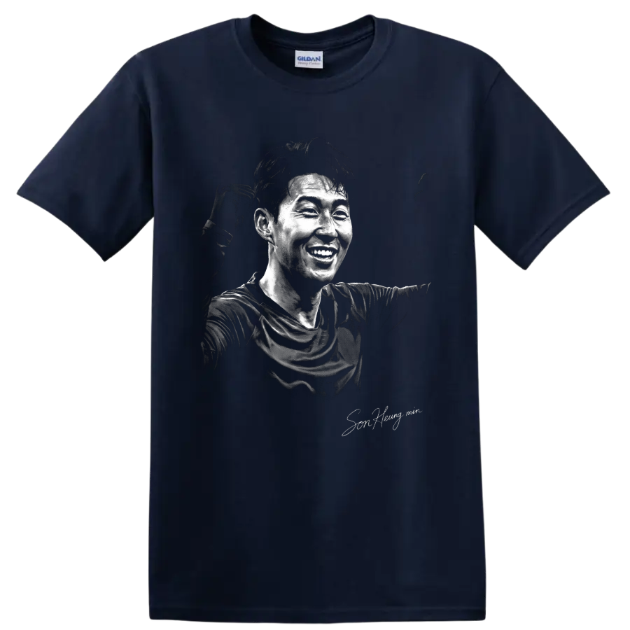 Son Heung-min smiling soccer portrait in high-contrast black-and-white illustration on a Navy (Blue) T Shirt