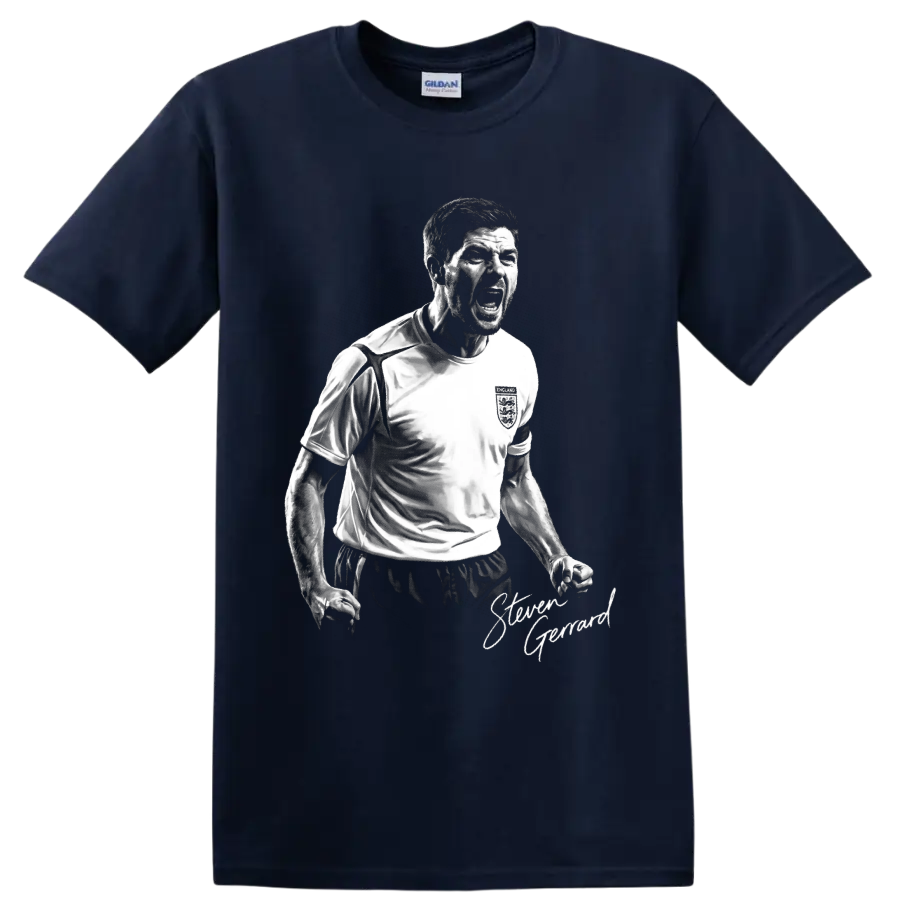 Steven Gerrard England soccer captain black-and-white celebration portrait with signature on a Navy (Blue) T Shirt