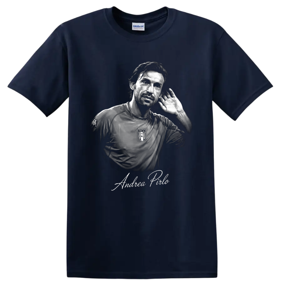 Andrea Pirlo Italy soccer portrait with raised-hand gesture and signature lettering on a Navy (Blue) T Shirt