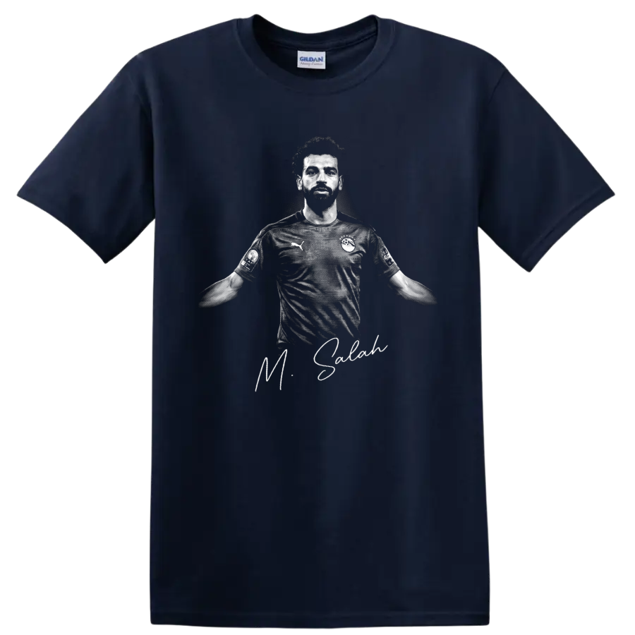 Mohamed Salah grayscale soccer portrait with signature-style lettering on a Navy (Blue) T Shirt