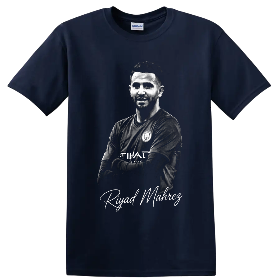 Riyad Mahrez monochrome soccer portrait with signature-style name lettering on a Navy (Blue) T Shirt