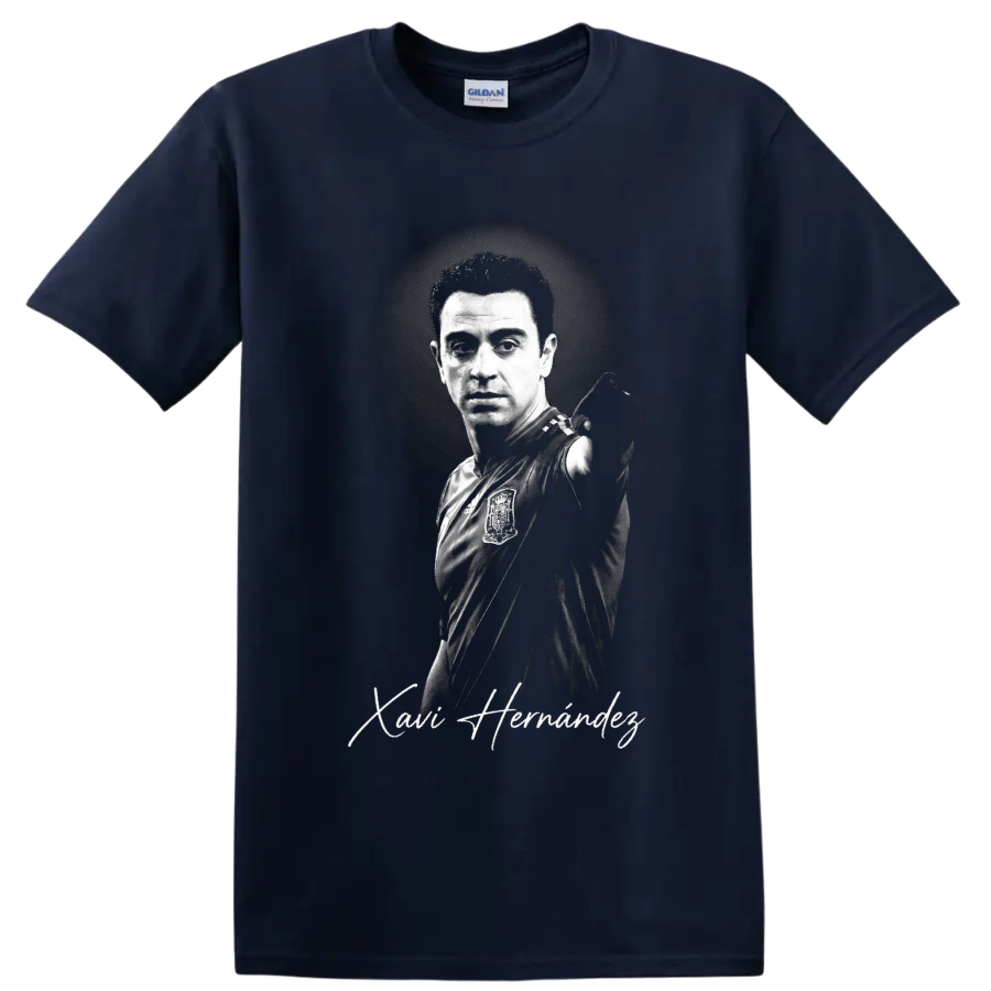 Xavi Hernández grayscale Spain soccer portrait with signature-style script on a Navy (Blue) T Shirt