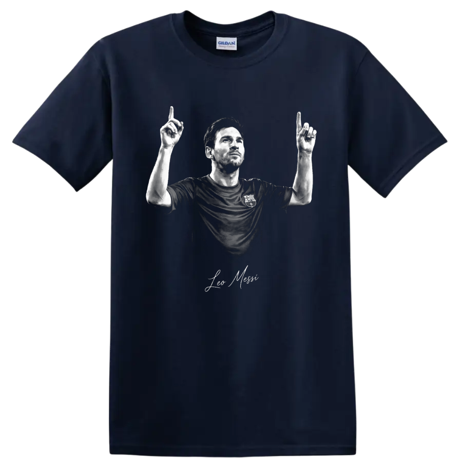 Lionel Messi monochrome soccer portrait with raised hands and signature-style lettering on a Navy (Blue) T Shirt