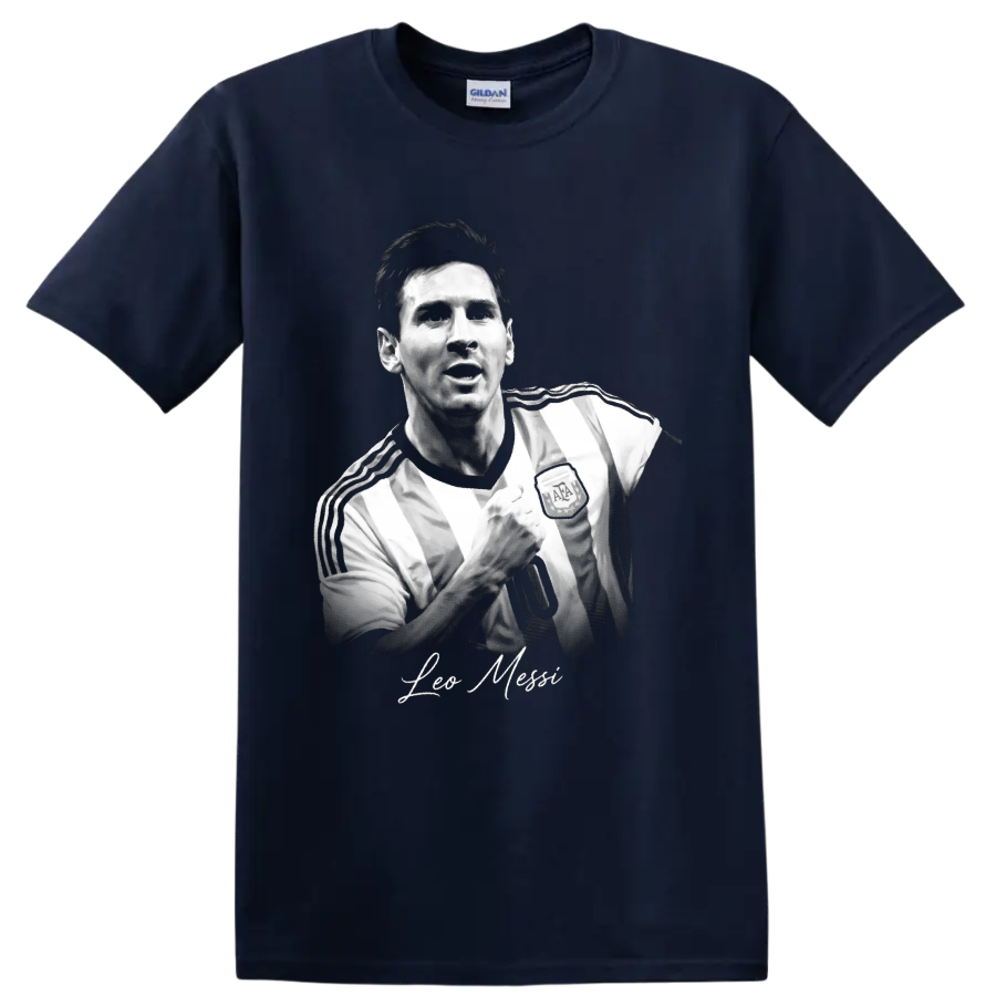 Lionel Messi Argentina soccer portrait with raised fist and signature-style name on a Navy (Blue) T Shirt