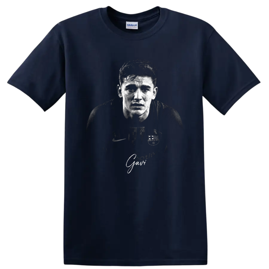Pablo Gavi FC Barcelona black-and-white distressed soccer portrait with signature text on a Navy (Blue) T Shirt