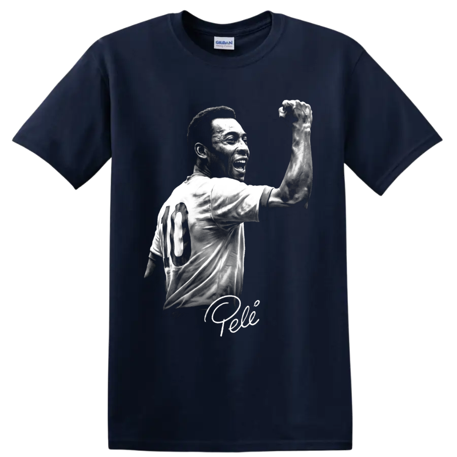 Black-and-white Pelé number 10 soccer portrait with raised fist and signature on a Navy (Blue) T Shirt