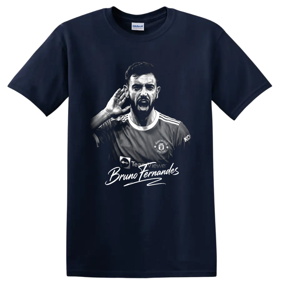Bruno Fernandes monochrome soccer portrait with hand-to-ear pose and signature lettering on a Navy (Blue) T Shirt