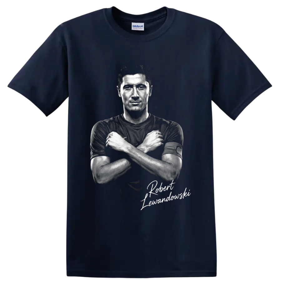 Robert Lewandowski crossed-arms grayscale soccer portrait with script signature on a Navy (Blue) T Shirt