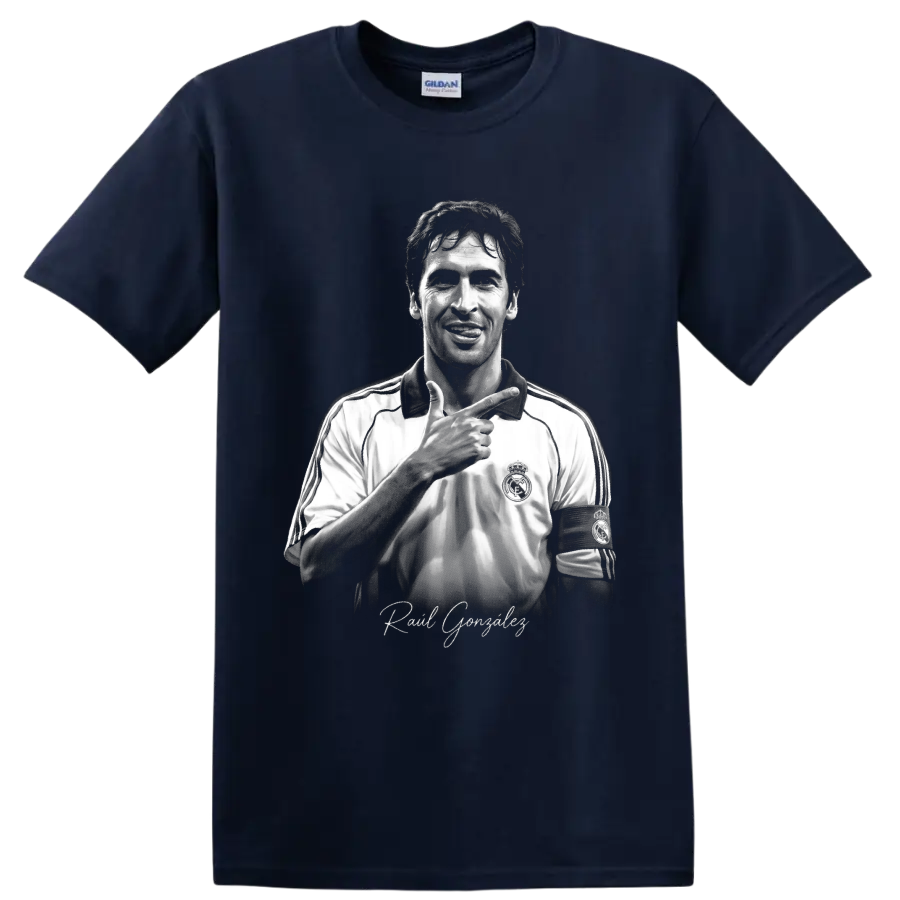 Raúl González grayscale Real Madrid captain portrait with signature-style lettering on a Navy (Blue) T Shirt