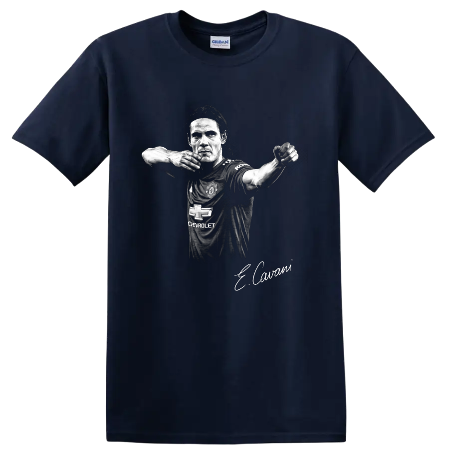 Edinson Cavani Manchester United soccer portrait in black-and-white illustrated style on a Navy (Blue) T Shirt