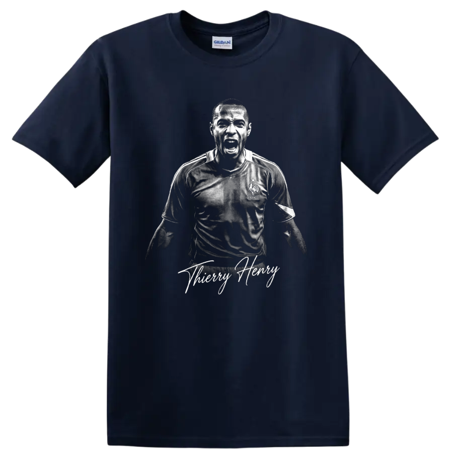 Thierry Henry France soccer celebration portrait with signature-style lettering on a Navy (Blue) T Shirt