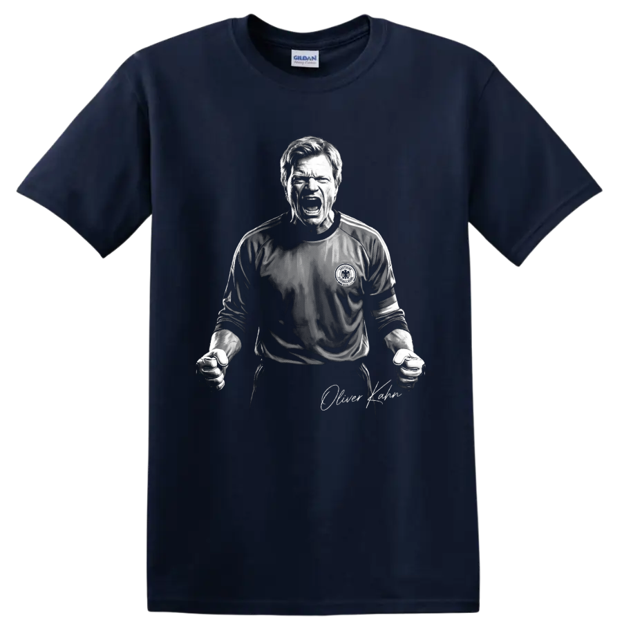 Oliver Kahn roaring goalkeeper portrait in dramatic black-and-white illustration on a Navy (Blue) T Shirt
