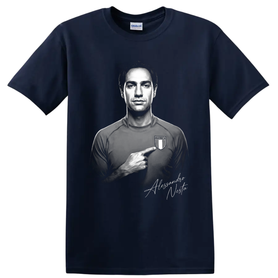 Alessandro Nesta monochrome Italy soccer portrait pointing to an Italia crest on a Navy (Blue) T Shirt