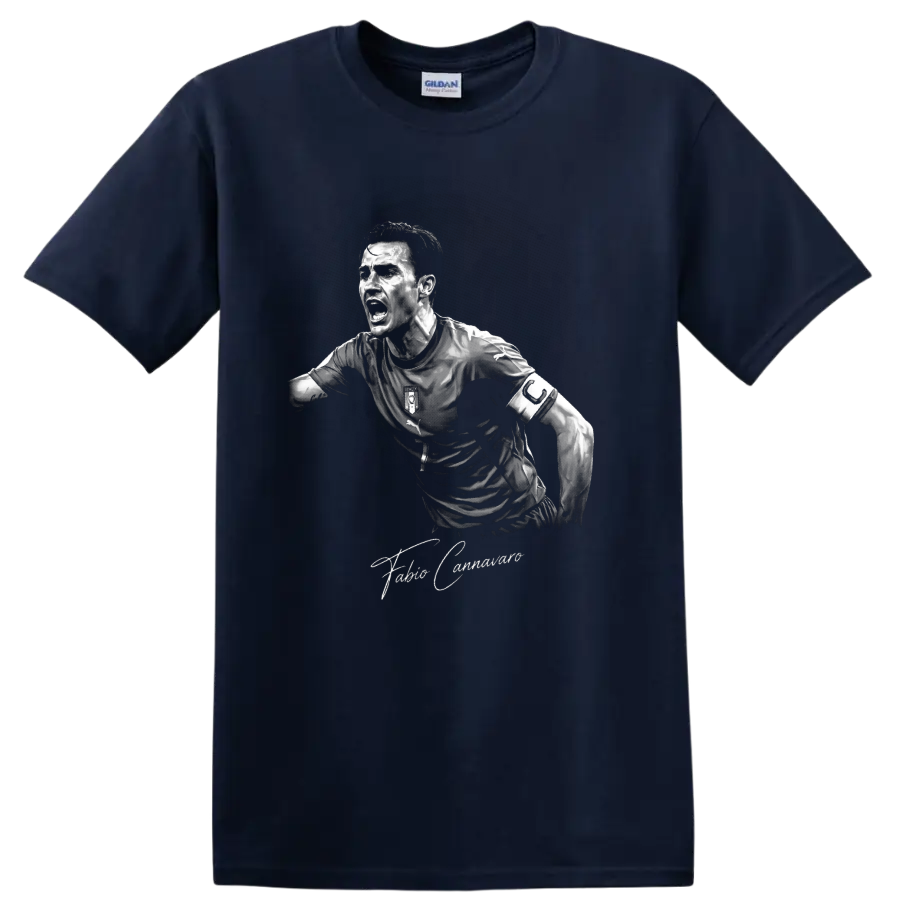 Fabio Cannavaro monochrome Italy soccer captain portrait with signature text on a Navy (Blue) T Shirt