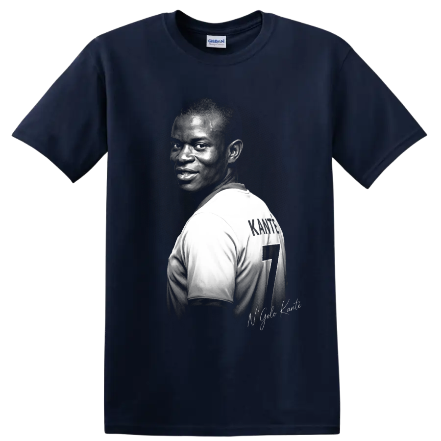 N'Golo Kanté soccer midfielder portrait with number 7 jersey in monochrome graphic art on a Navy (Blue) T Shirt