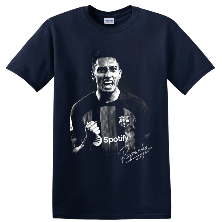 Raphinha Barcelona soccer celebration portrait in gritty monochrome with signature-style on a Navy (Blue) T Shirt