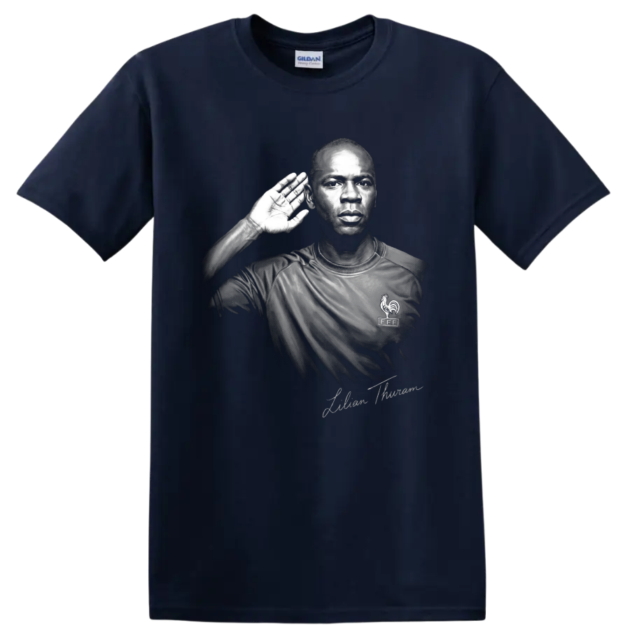 Lilian Thuram France defender monochrome portrait with raised-hand listening gesture on a Navy (Blue) T Shirt