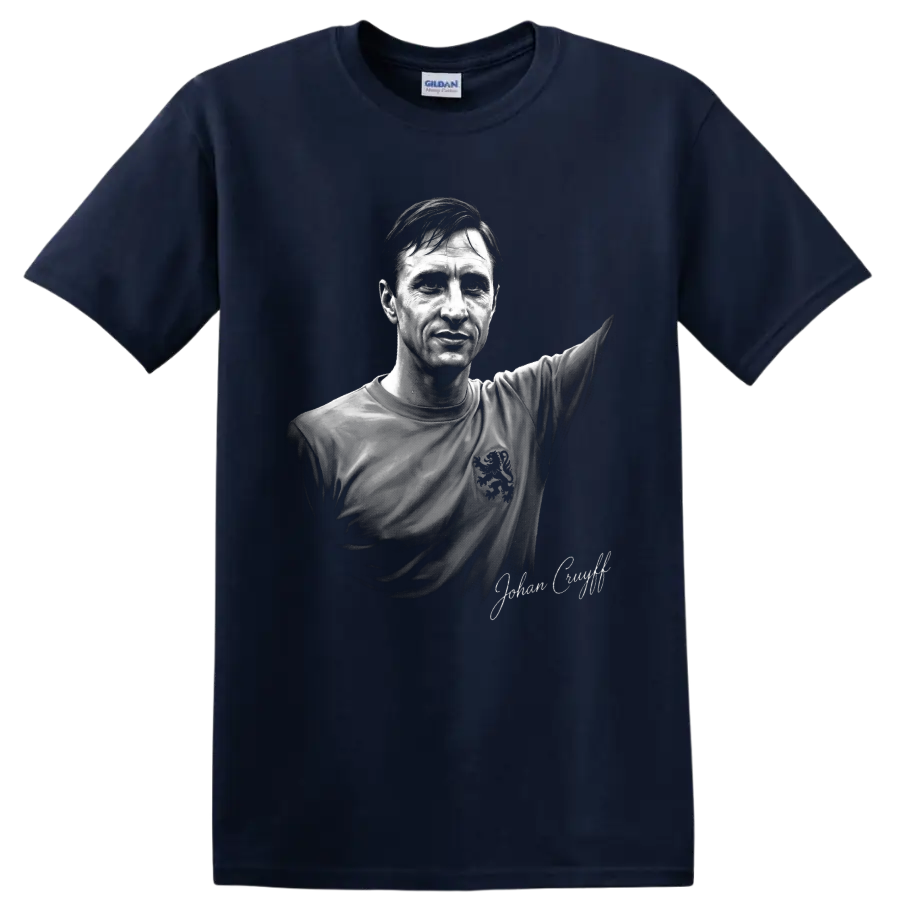 Johan Cruyff monochrome soccer portrait with raised arm and signature-style text on a Navy (Blue) T Shirt