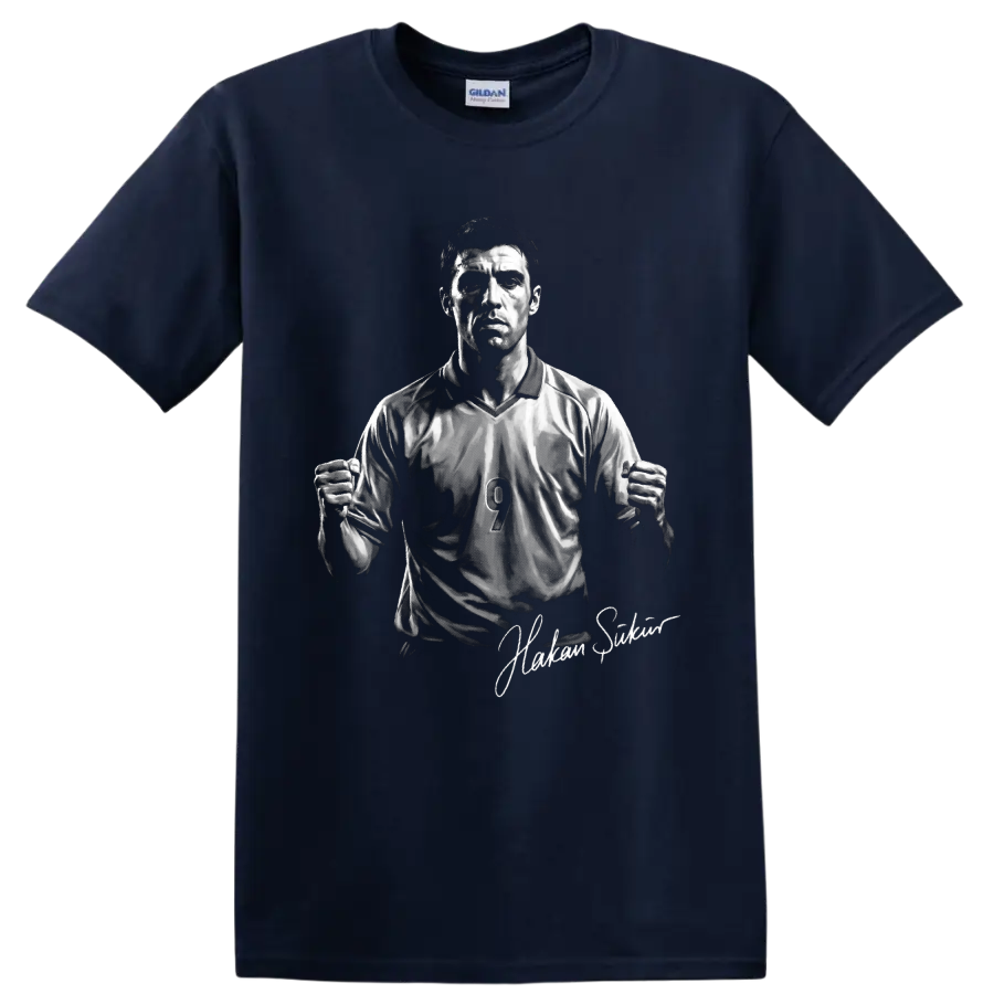 Hakan Şükür soccer striker portrait with number 9 jersey and signature-style text on a Navy (Blue) T Shirt